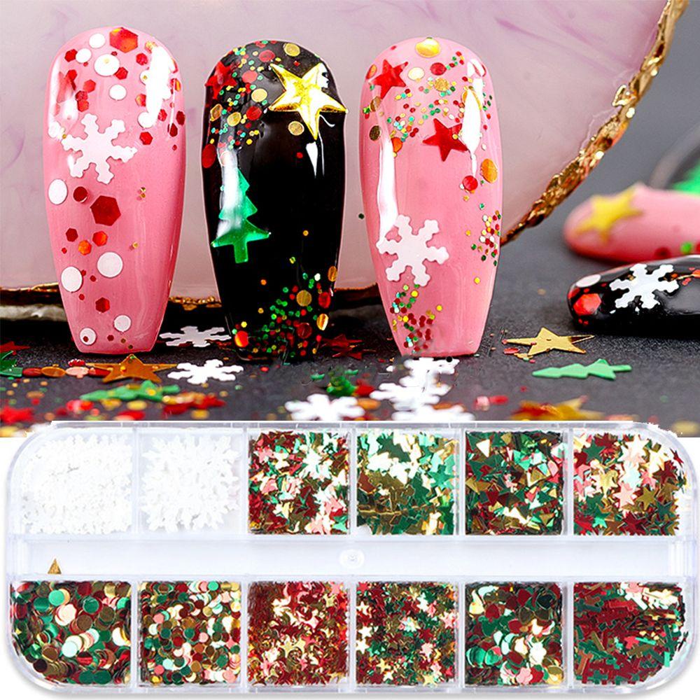 Hộp 12 Ngăn Đựng Hạt Kim Sa Hình Bông Tuyết Trang Trí Móng Tay