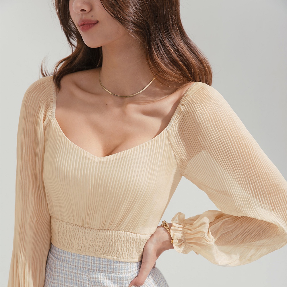 Áo dáng ngắn dập li tay dài bo eo nữ Air Space 2210121040