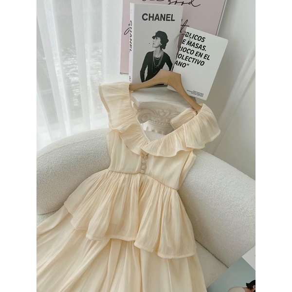 Đầm midi voan nude bèo tầng - có video chất vải thật/mẫu shop tự chụp