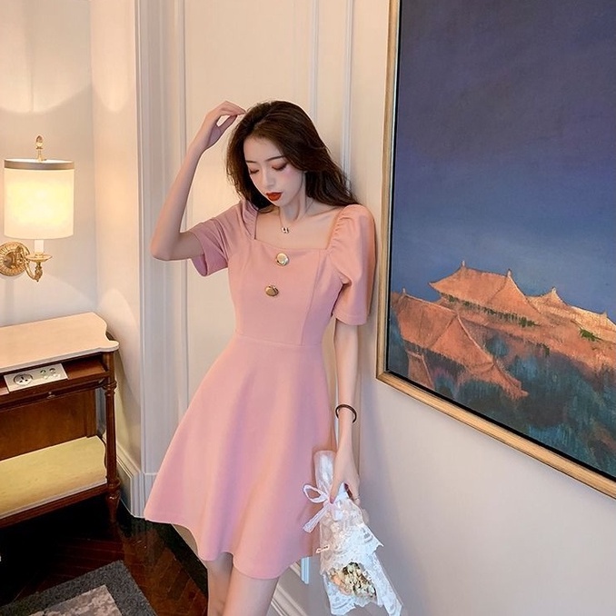 【ZHELIHANGFEI】Đầm Hồng Tay Ngắn Trễ Vai Ôm Dáng Thời Trang