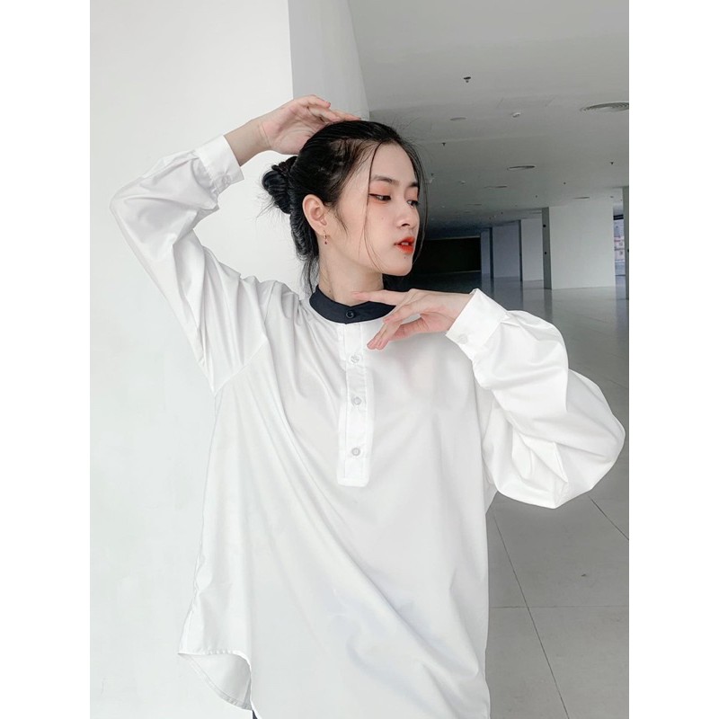 Áo sơ mi unisex Zune.zx cổ trụ form rộng đen trắng, Kido shirt