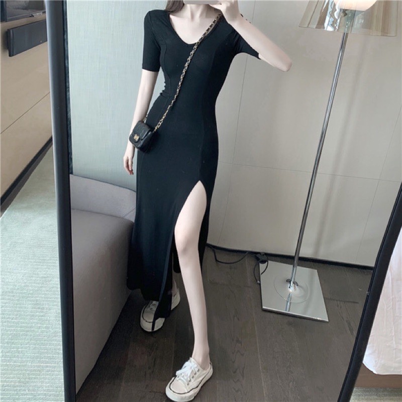 [Order] Váy body xẻ tà dáng dài đi tiệc. Đầm thun ôm body tay ngắn