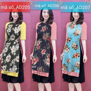 Set Áo Dài Cách Tân 2 tà suốt phối màu họa tiết hoa AD208