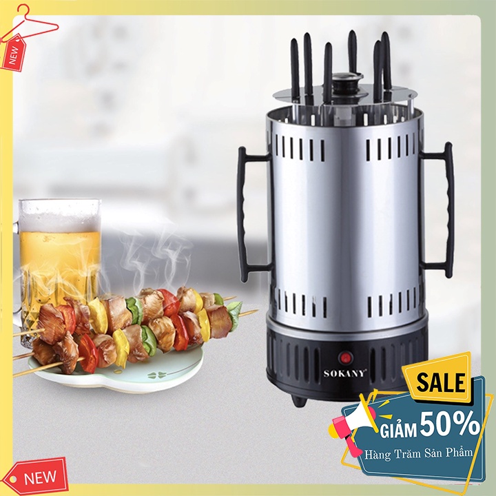 Lò nướng thịt, hải sản xiên xoay liên tục 360 độ, kèm nắp chắn bảo vệ khi sử dụng