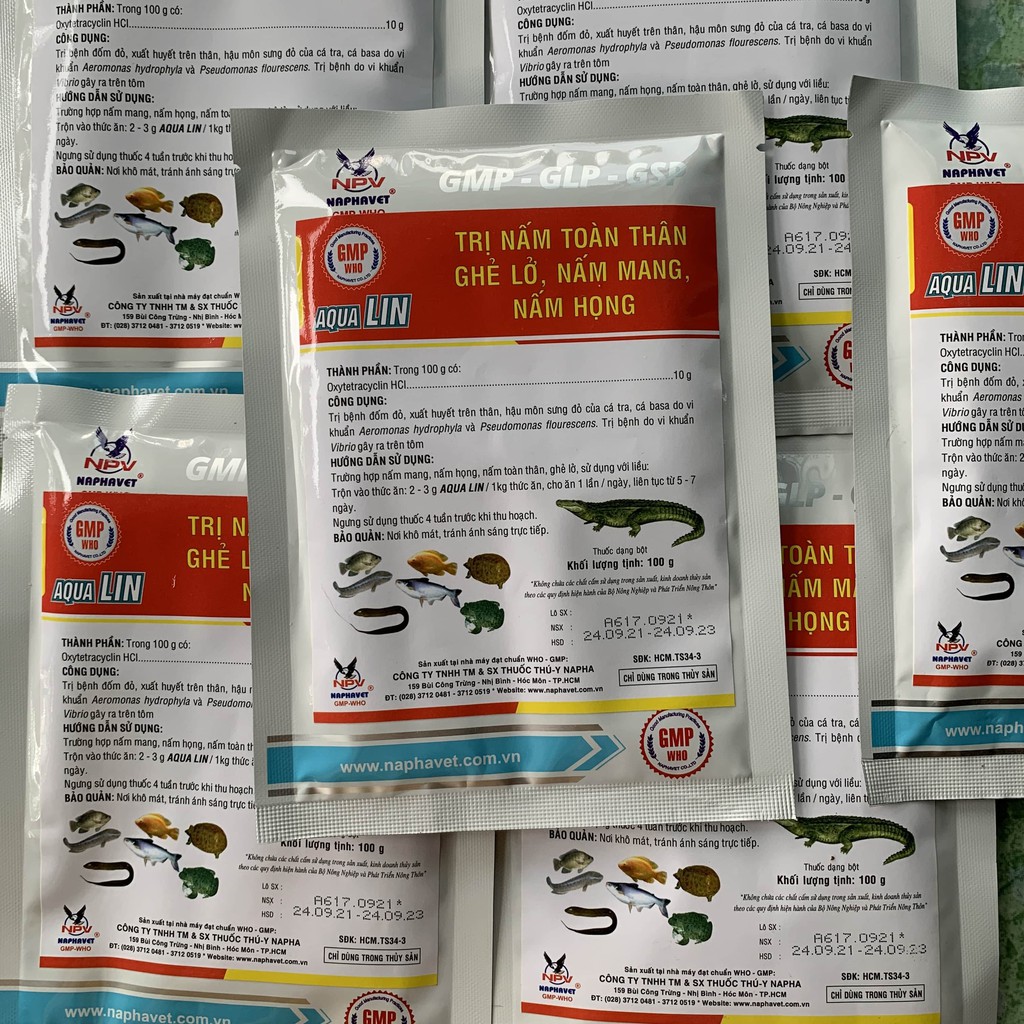 Combo 5 gói Aqualin dùng cho các bệnh nấm toàn thân, ghẻ lỡ, nấm nang nang, nấm họng trên tô, cá, thủy sản.