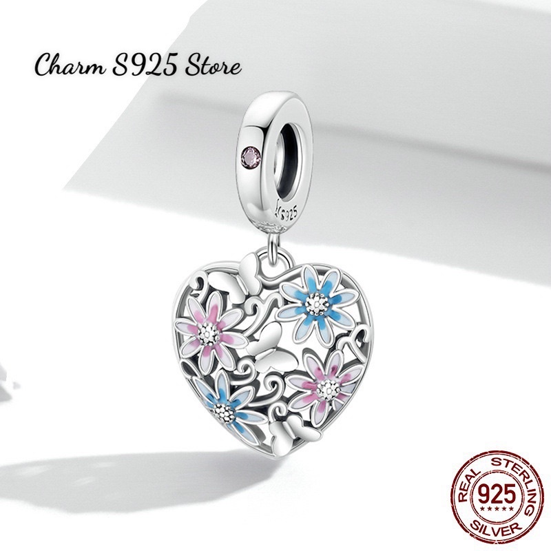 CHARM TREO TIM HOA LÁ BẠC S925 HÀNG CAO CẤP CHÍNH HÃNG