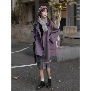 Set đồ dạ đông - Áo khoác cổ vest dáng dài kèm đai lưng màu tím - Chân váy bút chì lửng caro xanh sọc xám nâu