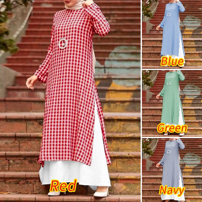 Set đồ Zanzea gồm áo caro dài tay cổ tròn + chân váy xòe cho phụ nữ hồi giáo
