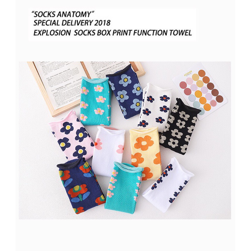 Tất vớ nữ cổ cao cotton hình hoa nhí, Vớ tất nữ cổ cao [Sam] Set 3 đôi tất cao cổ mẫu mới thổ cẩm