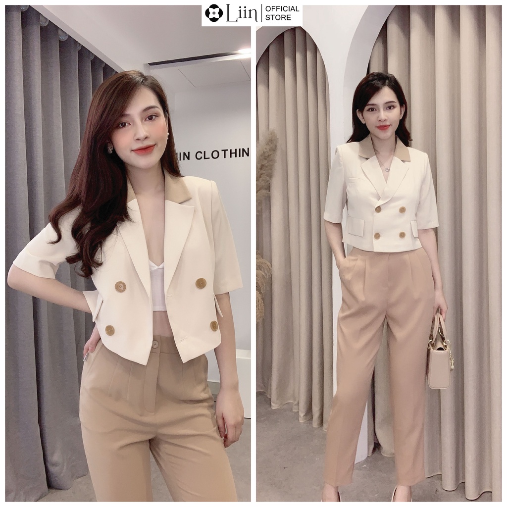 Áo vest nữ croptop màu be mix cổ nâu dáng ngắn 4 cúc form công sở trẻ trung, sang trọng Liin Clothing V5355