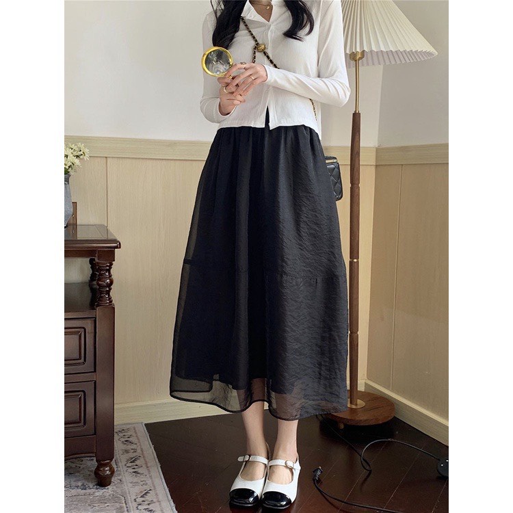 Chân váy midi tơ nhăn dáng dài công chúa bồng bềnh chuzme