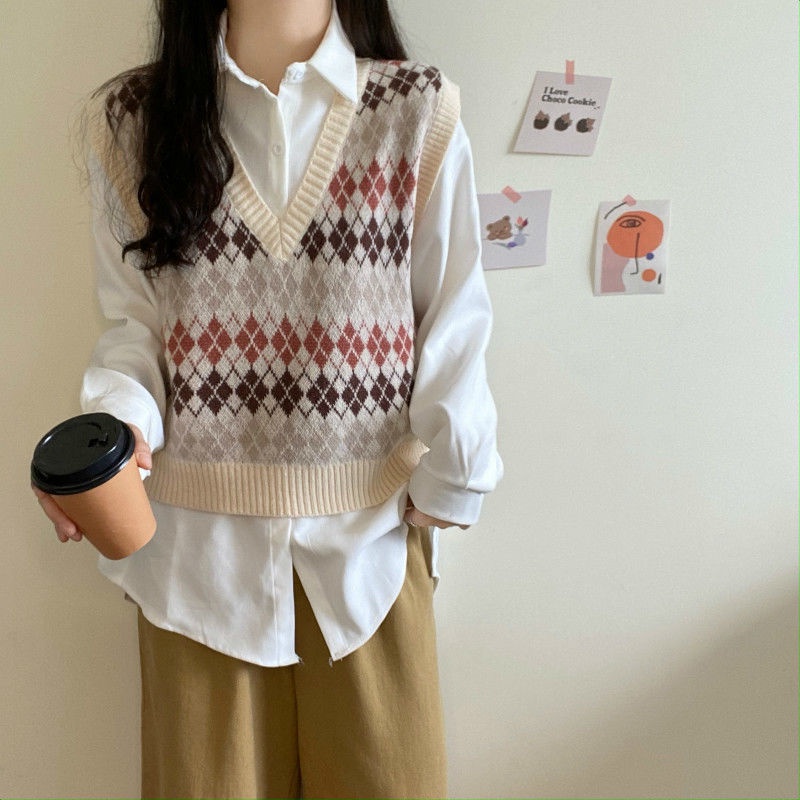Áo len không tay dáng rộng họa tiết sọc caro thời trang theo phong cách hàn quốc cho nữ