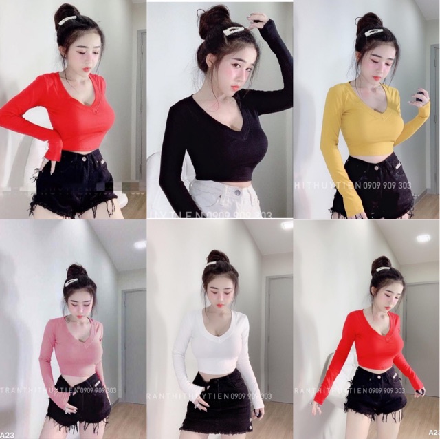 Áo thun croptop cổ tim tay dài trơn nữ - CAROTSHOP