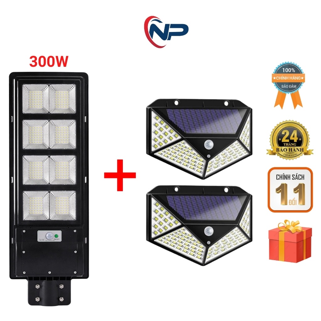 COMBO Đèn Năng Lượng Mặt Trời  Liền Thể công suất 300W Có Cảm Biến Chuyển Động, Đèn Chống Nước, Và Đèn Tam Giác 100Led
