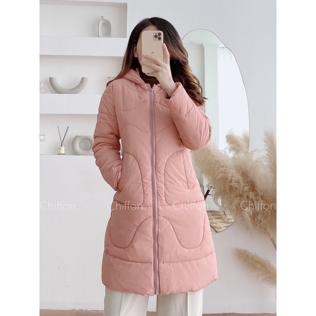 Áo phao dáng dài họa tiết sóng nhẹ nhàng