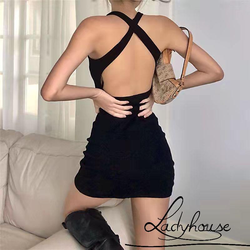 Đầm Ngắn Không Tay Cổ Chữ U Hở Lưng Màu Trơn Thời Trang Mùa Hè Cho Nữ