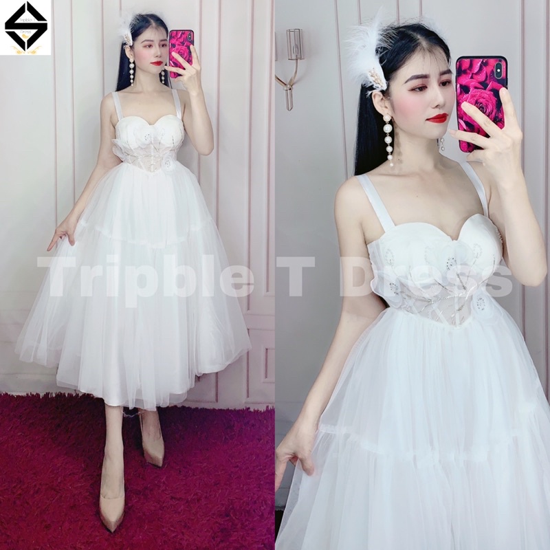 Đầm xoè công chúa 2 dây siêu xinh kết hoa nổi TRIPBLE T DRESS - size M/L - MS395V