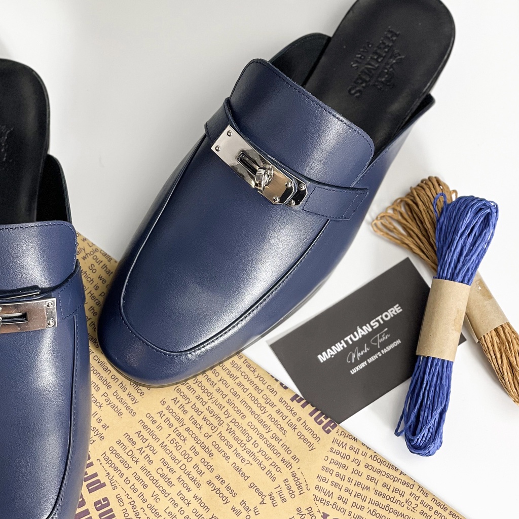 Sục nam cao cấp - Giày mules Hermes nam Da bò nguyên miếng, đế gỗ sồi cùng quai kim loại cực kì sang trọng SN11