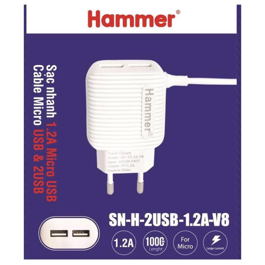 Sạc dây liền Hammer 1.2A CÓ THÊM 2 CỔNG USB