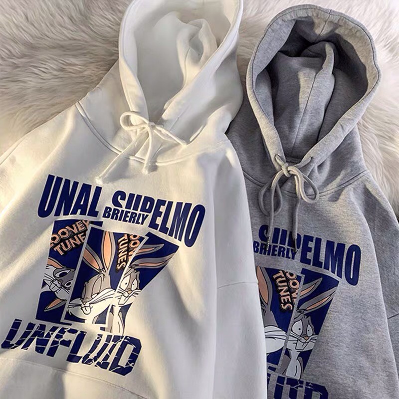 Áo hoodie nữ form rộng 2N Unisex nỉ bông in hình thỏ bunny màu đen/xám/trắng