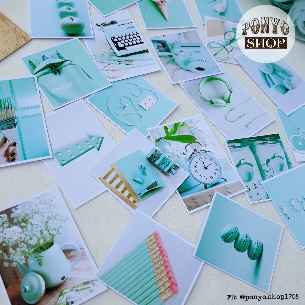 Set 21 sticker nhãn dán ảnh phong cách Instagram (Màu Xanh bạc hà) trang trí Scrapbook/Planner