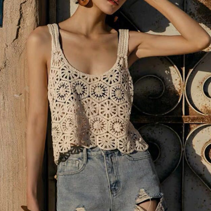 Áo Croptop Dệt Kim Không Tay In Họa Tiết Hoa Phong Cách Boho Dành Cho Nữ