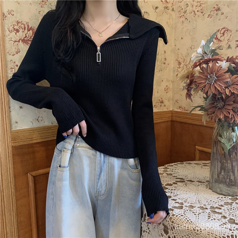 Áo khoác đen dài tay phối khóa kéo phong cách retro Hàn Quốc thời trang mùa thu 2021 cho nữ