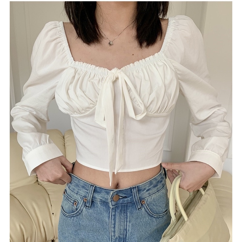 Áo sơmi nữ thắt nơ ngực dáng croptop thanh lịch 2021