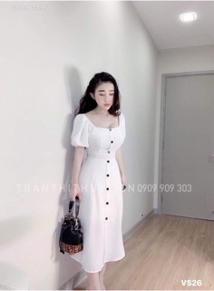 Đầm maxi trễ vai đính nút siêu yêu