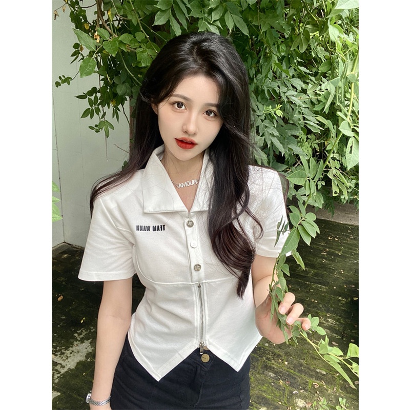 áo croptop polo ngắn tay áo sơ mi ôm dáng phối khóa kéo thiết kế mới ngọt ngào cho nữ