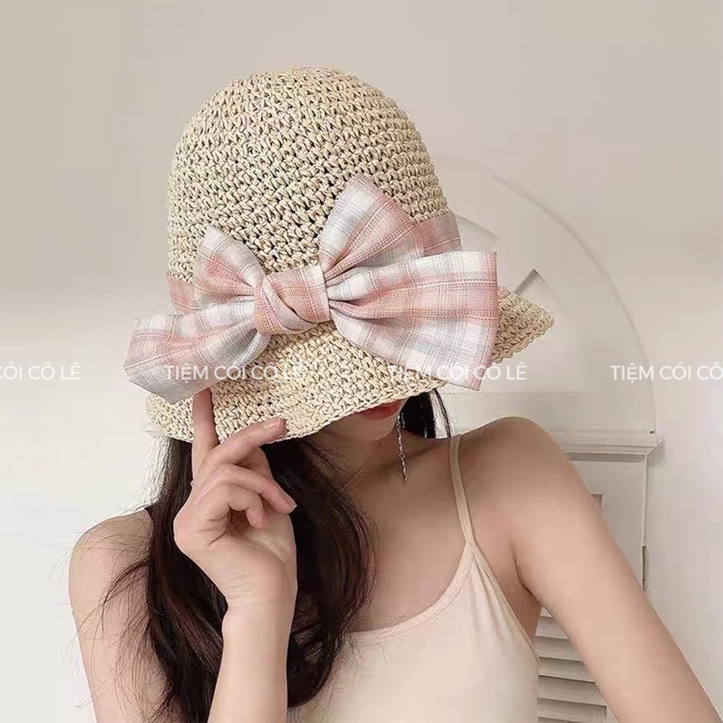 Mũ cói đi biển phối nơ kẻ xinh xắn dễ dàng gấp gọn - Tiệm Cói Cô Lê