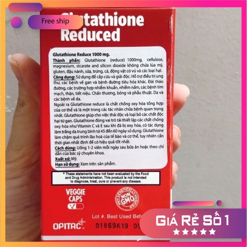 Viên uống trắng da GLUTATHIONE 1000mg ( USA, Hộp 60 viên) - Làm trắng da, chống lão hoá, giảm nám, giải độc gan | BigBuy360 - bigbuy360.vn