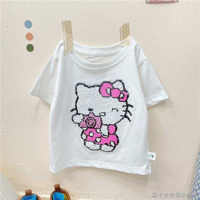 Áo Thun 100% Cotton Tay Ngắn In Họa Tiết Hoạt Hình Mèo Hello Kitty Đính Kim Sa Thay Đổi Màu Sắc Cho Bé Gái
