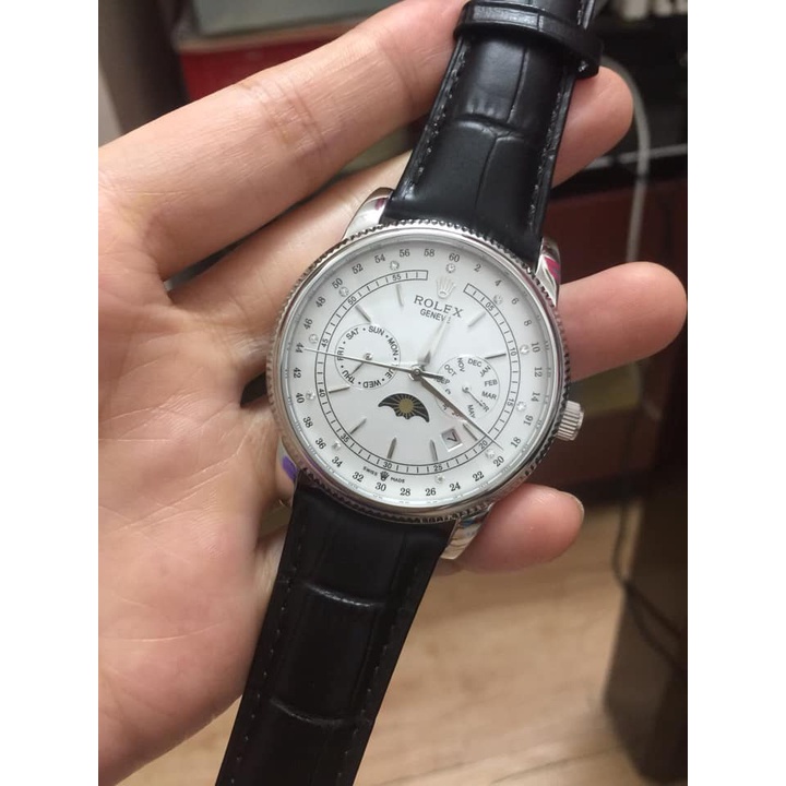 Đồng hồ cho Nam Rolex trăng sao size 40-41 vành băm dây da vỏ trắng mặt trắng 5 kim