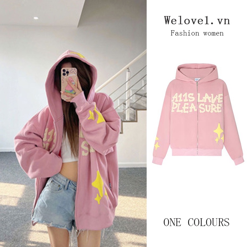 Áo hoodie thiết kế mùa thu 2022 màu hồng có khóa kéo dành cho nữ