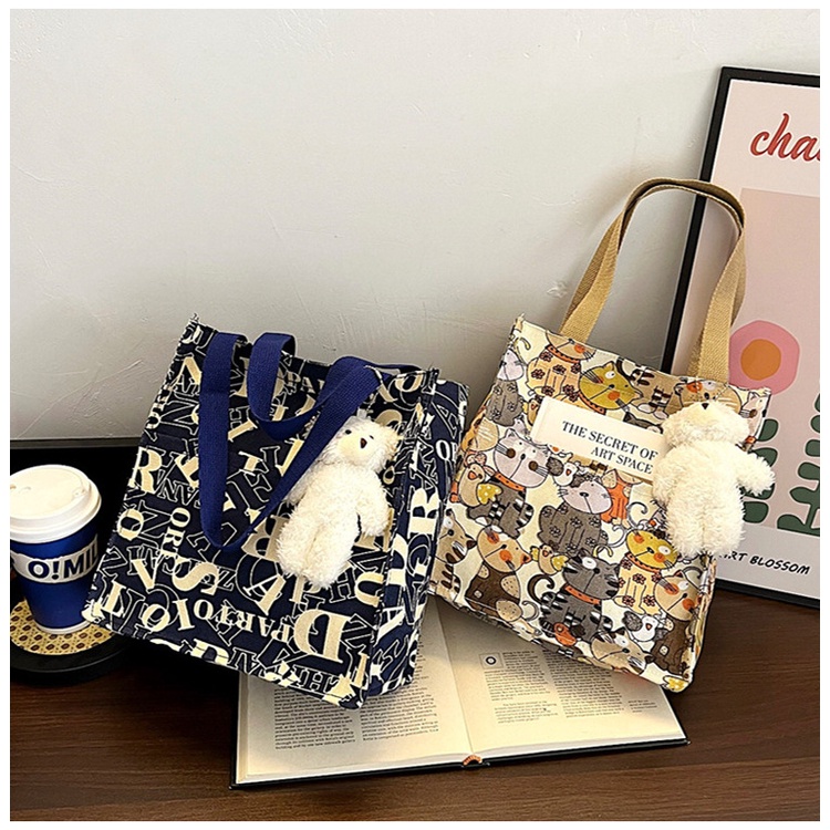 Túi Tote Vải Canvas Cỡ Lớn In Hoạt Hình Phối Khóa Kéo Chuyên Dùng Cho Học Sinh