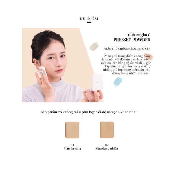 Phấn phủ hữu cơ dạng nén naturaglacé Pressed Powder (02 - Màu da tự nhiên), kiềm dầu, chống nắng SPF30 PA+++, 12g