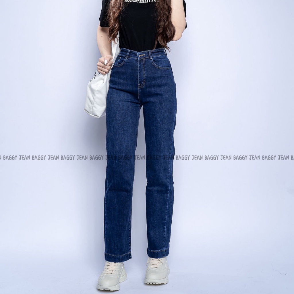 Quần Jean Nữ Ống Đứng Cạp Cao Jean Co Giãn Trơn Basic