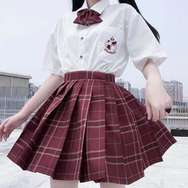 Set Loli Phong Cách Học Sinh Nhật Bản Áo Sơ Mi + Chân Váy Ngắn Xòe Kẻ Caro Cho Nữ