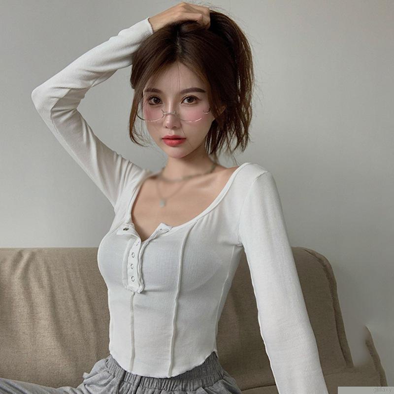Áo thun tay dài cổ vuông màu sắc đơn giản dành cho nữ