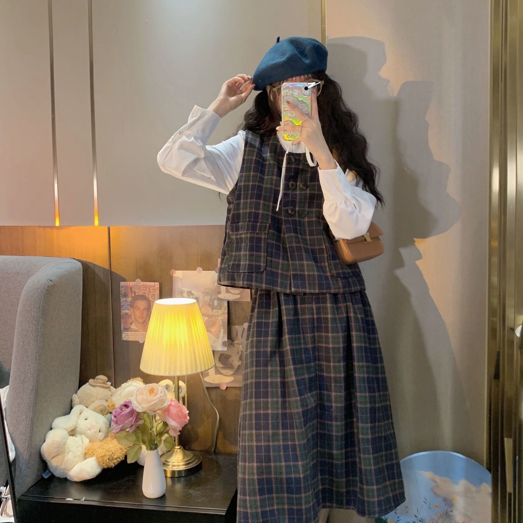 Set Áo Sơ Mi + Áo Khoác Không Tay + Chân Váy Lưng Cao Thời Trang Dành Cho Nữ