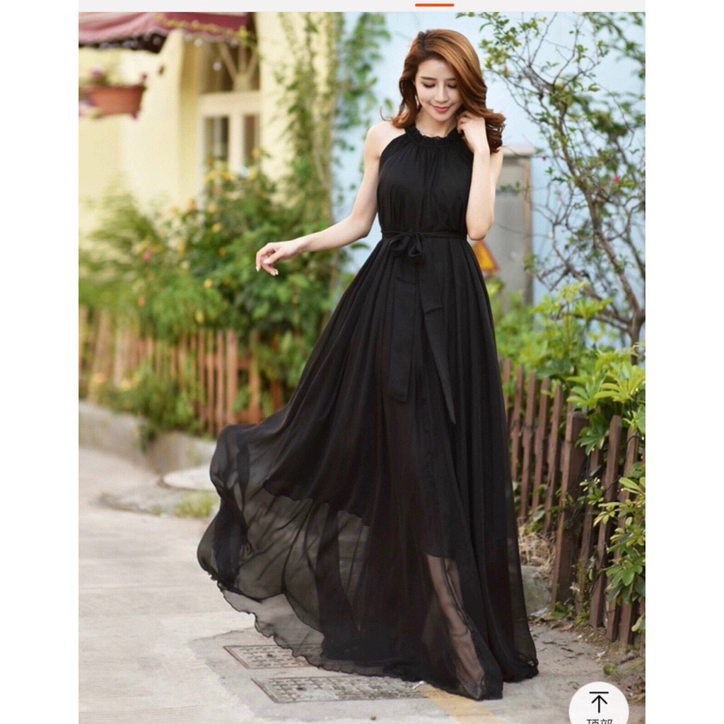 ĐẦM MAXI SUÔNG CỔ YẾM THẮT DÂY EO Chất: chiffon lót thun  Màu: đen, trắng, tím Kiểu dáng: đầm suông dài form rộng, cổ yế