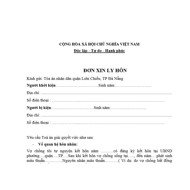 Mẫu đơn ly hôn đơn phương của Tòa án quận Liên Chiểu+bản hướng dẫn chuẩn bị hồ sơ, hướng dẫn nộp hồ sơ đến Tòa án