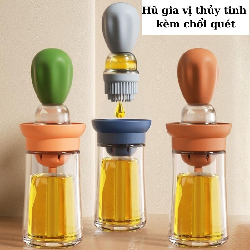 Hũ đựng gia vị thủy tinh lọ gia vị dầu ăn kèm chổi quét silicon