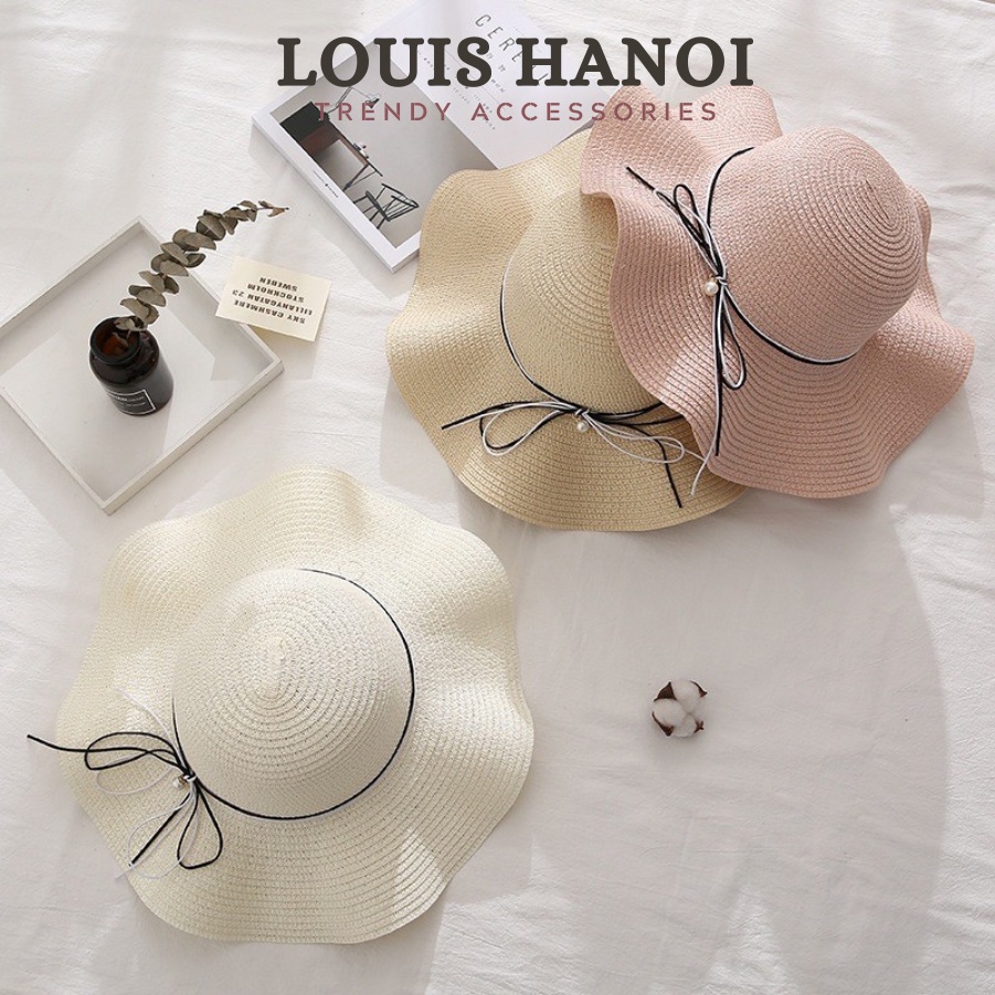 Mũ Nón Cói Vành Sóng Nơ Dây Phối Hạt Ngọc Louis Hanoi - Kèm Hộp Giữ Form dáng chuẩn 100%