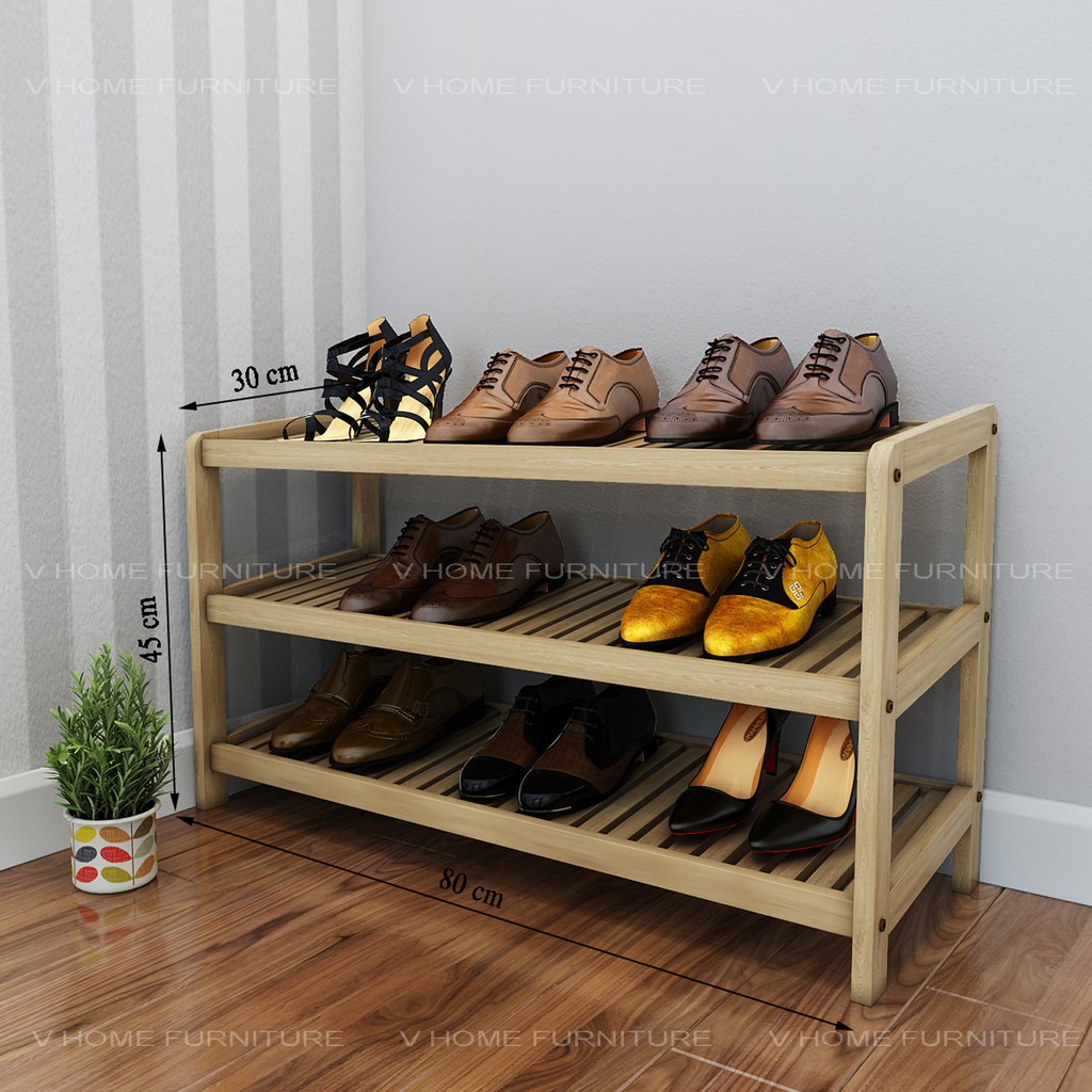 KỆ GIÀY, DÉP GỖ TỰ NHIÊN  3 TẦNG NGANG 82CM - VHOME FURNITURE