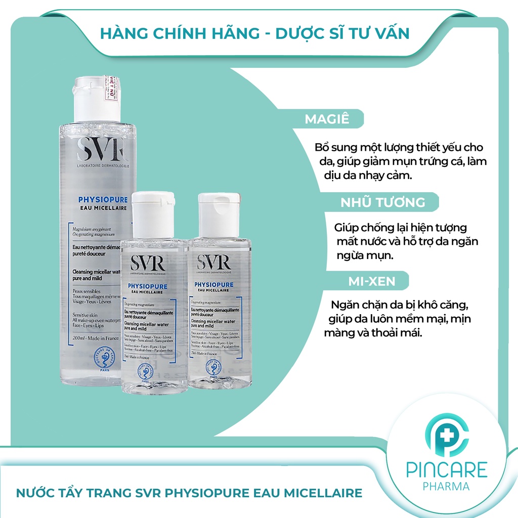 Nước tẩy trang cho da nhạy cảm SVR Physiopure Eau Micellaire - Hàng chính hãng - Nhà thuốc PinCare