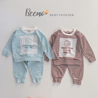 Bộ cotton dài tay kẻ ngang hoạ tiết dễ thương bé trai bé gái hãng Beemo