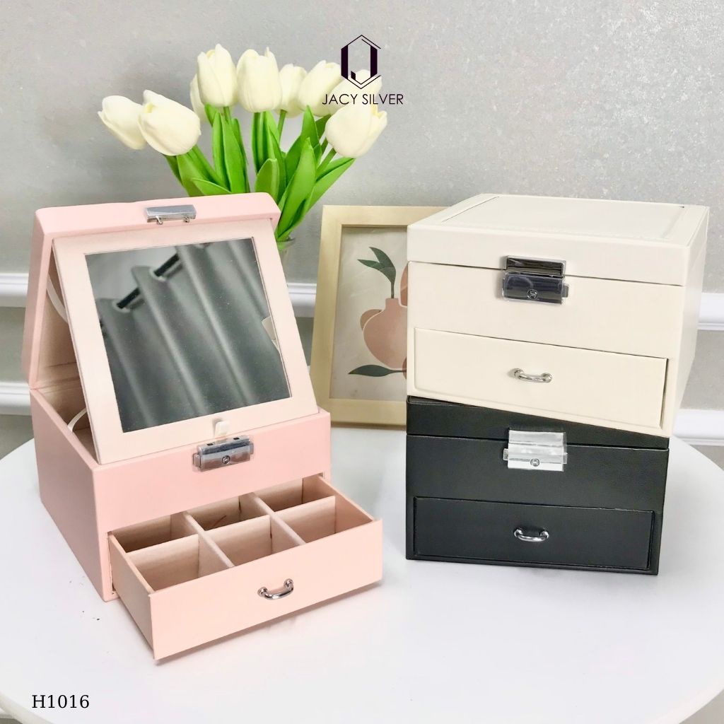 Hộp da đựng trang sức, dây chuyền, nhẫn, khuyên tai 2 tầng kèm gương H1016