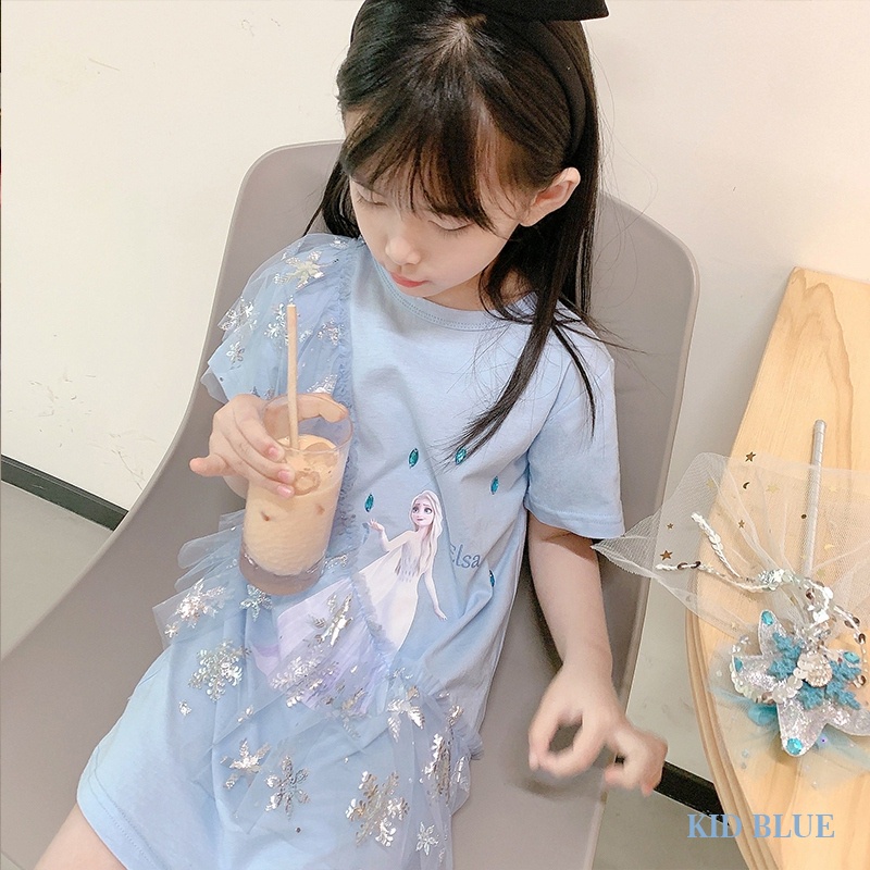 Đầm Công Chúa Tay Ngắn Phối Lưới In Họa Tiết Hoạt Hình Phong Cách Phương Tây Thời Trang Xuân Thu Cho Bé Gái